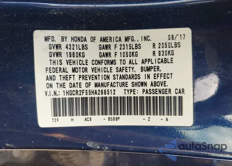 2017 Honda Accord Sport z USA, uszkodzony, nr VIN 1HGCR2F55HA288512